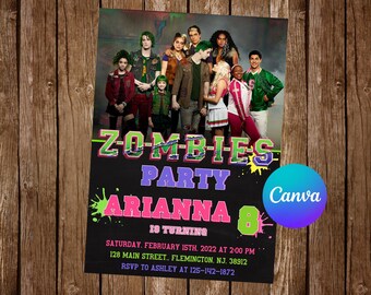 Op de afbeelding: Een zwarte feestuitnodiging met de tekst "ZOMBIES PARTY ARIANNA 8 IS TURNING". De uitnodiging bevat een groepsfoto van mensen en het Canva-logo. De datum en tijd zijn ook opgenomen.
