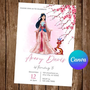 Invitación de cumpleaños de la princesa Mulan Invitación de cumpleaños de Mulan Invitaciones de Mulan Invitación editable de Mulan Tarjeta digital de Mulan