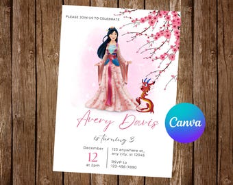 May include: A pink and white birthday invitation featuring a cartoon image of Mulan from Disney's Mulan. The invitation includes the text "PLEASE JOIN US TO CELEBRATE Avery Davis is turning 3" and details for the event, including the date, time, and RSVP information.