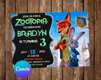 Zaproszenie na przyjęcie urodzinowe Zootopia Zaproszenie na urodziny Zootopia Zaproszenie na Zootopia Edytowalne zaproszenie Zootopia Cyfrowa karta do druku Zootopia