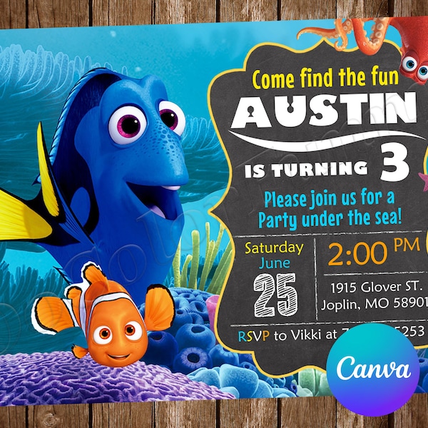 Findet Nemo Einladung Geburtstagsparty Findet Nemo Geburtstagseinladung Findet Dory bearbeitbare Einladung Digital druckbare Karte