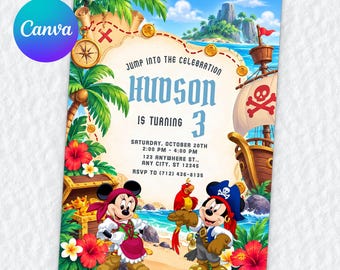 Convite de aniversário de 3 anos do Mickey Pirata, modelo editável do Canva, Tesouro à Vista, Festa da Minnie Mouse, Download Digital