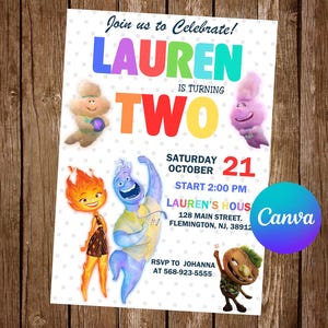 May include: A colorful birthday invitation with the text "LAUREN IS TURNING TWO." The invitation features cartoon characters and event details, including the date, time, and location. The design includes a Canva logo.