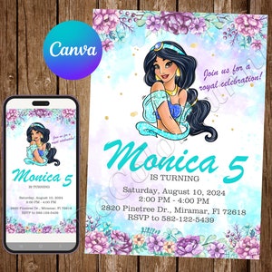 Convite Princesa Jasmine Festa de Aniversário Convite de Aniversário Jasmine Convite Editável Jasmine Aquarela Cartão Digital Jasmine
