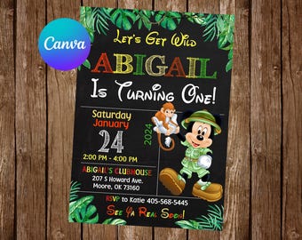 May include: A jungle-themed birthday invitation for a girl named Abigail turning one. The invitation features a cartoon Mickey Mouse dressed in a safari outfit, a monkey, and green leaves. The text on the invitation reads "Let's Get Wild Abigail Is Turning One!" and includes the date, time, and location of the party.