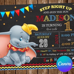Invitation Dumbo fête d'anniversaire Invitation d'anniversaire Dumbo Invitation cirque Invitation Dumbo modifiable Carte numérique Dumbo Baby Shower