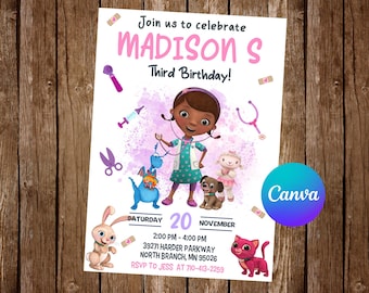 Doc McStuffins uitnodiging verjaardagsfeestje Doc McStuffins verjaardagsuitnodiging Doc McStuffins bewerkbare uitnodiging Doc McStuffins digitale kaart