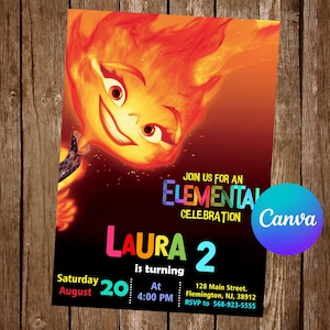May include: An invitation to a 2nd birthday party with an "Elemental" theme. The invitation features a cartoon character with fiery orange hair and a colourful background. The text reads "Join us for an Elemental Celebration, Laura is turning 2, Saturday August 20 at 4:00 PM, 128 Main Street, Flemington, NJ, 38912, RSVP to 568-923-5555".