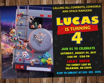Toy Story 4 Partyeinladung, bearbeitbare Canva Vorlage, Karneval Vergnügungspark, Forky 4