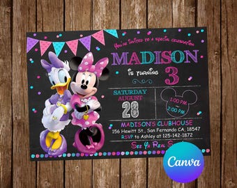 Invitación de Minnie Mouse para fiesta de cumpleaños de Daisy Duck. Invitación de cumpleaños de Minnie Mouse. Invitación editable de Minnie Mouse. Tarjeta digital imprimible.