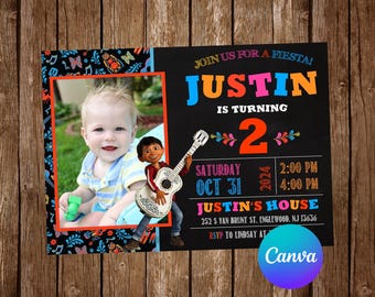 May include: A custom birthday invitation with a photo of a baby boy. The invitation features the text "Join us for a Fiesta! Justin is turning 2" with event details. A cartoon character with a guitar is also featured.