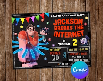 May include: A rectangular party invitation featuring Wreck-It Ralph and Vanellope von Schweetz on a black background with colorful bunting, social media icons, and text reading LOADING AN AMAZING PARTY! JACKSON BREAKS THE INTERNET IS TURNING 2.