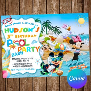 Invitation fête de la piscine Mickey Mouse Anniversaire Mickey Mouse Fête de la piscine Minnie Mouse Invitation modifiable Mickey Mouse