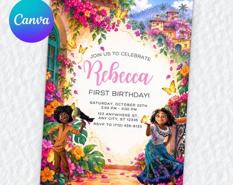 Convite de aniversário de 1 ano Encanto, modelo editável do Canva, Madrigal em família, festa Mirabel Antonio, download digital