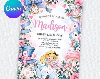 Convite de aniversário de 1 ano da Alice, modelo editável do Canva, festa do chá no País das Maravilhas, Coelho Branco, download digital