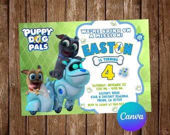 Puede incluir: Una invitación de cumpleaños verde y azul para un niño que cumple cuatro años. La invitación presenta un perro de dibujos animados del programa "Puppy Dog Pals" y el texto "We're going on a mission! Easton is turning 4".