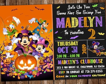 May include: A Halloween party invitation featuring Mickey Mouse and friends dressed in costumes. The invitation is for Madelyn's 2nd birthday party on October 31st, 2019, from 2:00 PM to 4:00 PM at Madelyn's Clubhouse. The invitation includes the address and RSVP information.