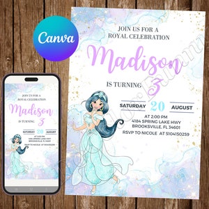 Princess Jasmine Invitation Birthday Party Jasmine Birthday Invitation Jasmine Watercolor Editable Invitation Jasmine Digital Card