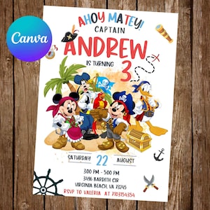 Puede incluir: Una invitación de cumpleaños con temática pirata con personajes de dibujos animados. El texto dice "Ahoy Matey! Captain Andrew cumple 3 años." El diseño incorpora elementos piratas como un cofre del tesoro, un ancla y espadas cruzadas.