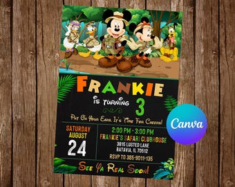 May include: A green, yellow, and brown birthday invitation with a jungle theme. The invitation features Mickey Mouse and other Disney characters. The text on the invitation reads "Frankie is turning 3".
