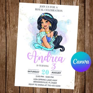 Princess Jasmine Invitation Birthday Party Jasmine Birthday Invitation Jasmine Watercolor Editable Invitation Jasmine Digital Card