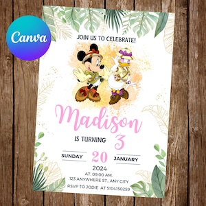 Minnie Mouse Invitation Daisy Duck Birthday Party Minnie Mouse Safari Birthday Invitation Minnie Mouse Editable Invitation Digital Card