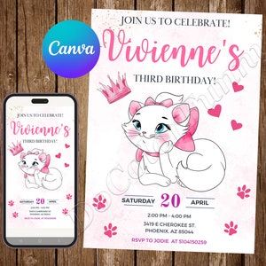 マリー招待状 おしゃれキャット招待状 誕生日パーティー おしゃれキャット誕生日招待状 おしゃれキャット水彩編集可能招待状