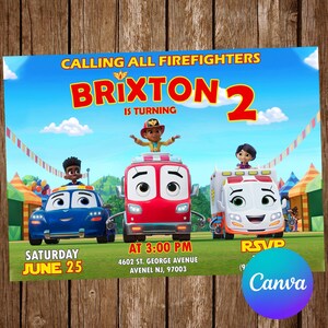 Può includere: Un biglietto d'invito di compleanno rettangolare con personaggi e veicoli dei cartoni animati con il testo CALLING ALL FIREFIGHTERS BRIXTON IS TURNING 2, SATURDAY JUNE 25 AT 3:00 PM, 4602 ST. GEORGE AVENUE AVENEL NJ, 07003, e RSVP.