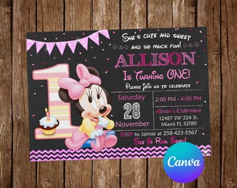 Baby Minnie Mouse Invitation Birthday Party Baby Minnie Mouse First Birthday Invitation Minnie Mouse Editable Invitation Digital Card