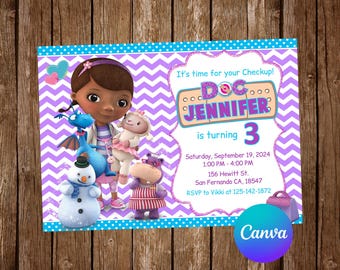 Doc McStuffins uitnodiging verjaardagsfeestje Doc McStuffins verjaardagsuitnodiging Doc McStuffins bewerkbare uitnodiging Doc McStuffins digitale kaart