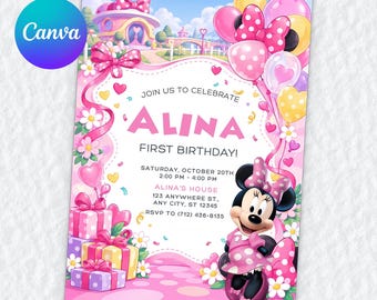 Convite de aniversário de 1 ano da Minnie Mouse, modelo editável do Canva, Clubhouse Bowtique, festa para menina, download digital