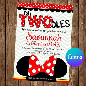 Minnie Mouse Oh Twodles Invitation Birthday Party Minnie Mouse Birthday Invitation Minnie Mouse Editable Invitation Digital Printable Card