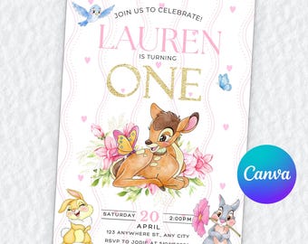 May include: A birthday invitation card featuring a fawn, a yellow butterfly, a blue bird, and two rabbits. The text reads: JOIN US TO CELEBRATE! LAUREN IS TURNING ONE. SATURDAY 20 APRIL 2:00PM. 123 ANYWHERE ST., ANY CITY. RSVP TO JODIE AT 5104150259.