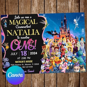 Faire-part château Faire-part Mickey Mouse Faire-part au point Faire-part La Reine des neiges Faire-part princesse modifiable pour fête d'anniversaire château