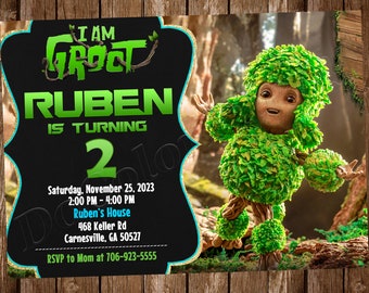 May include: A green and black birthday invitation with a cartoon character from the movie I Am Groot. The invitation says "I Am Groot" and "Ruben is turning 2". The invitation also includes the date, time, and location of the party.