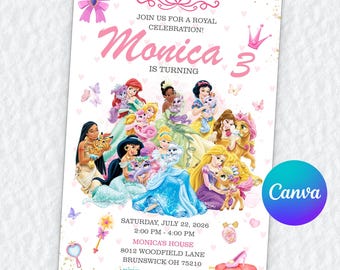 Princess 3rd Birthday Invitation, Editable Canva Template, Royal Celebration, Palace Pets, Digital Download