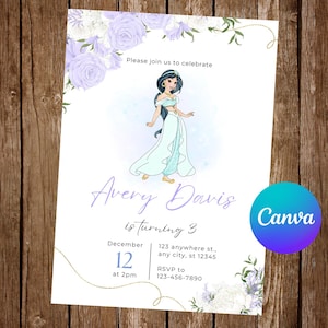 Princess Jasmine Invitation Birthday Party Jasmine Birthday Invitation Jasmine Watercolor Editable Invitation Jasmine Digital Card
