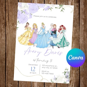 Princess Invitation Birthday Party Frozen Birthday Invitation Ariel Watercolor Belle Editable Invitation Cinderella Rapunzel