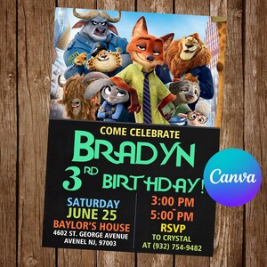 Zootopia Invitation Birthday Party Zootopia Birthday Invitation Zootopia Invite Zootopia Editable Invitation Zootopia Digital Printable Card