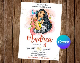 Convite de Aniversário da Pocahontas | Convite de Aniversário da Pocahontas | Convite Editável da Pocahontas | Cartão Digital Imprimível da Pocahontas