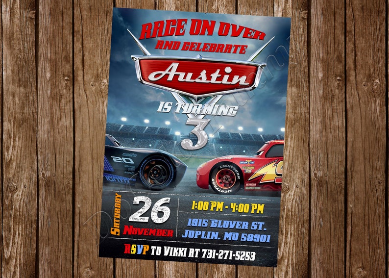 May include: A Cars-themed birthday party invitation with a red, white, and blue color scheme. The invitation features a race car design with the text "Race on Over and Celebrate Austin is Turning 3". The invitation also includes the date, time, and location of the party.
