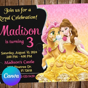 Princess Belle uitnodiging verjaardagsfeestje Belle verjaardagsuitnodiging Belle nodigt Belle bewerkbare uitnodiging Belle digitale kaart