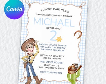 May include: A rectangular birthday invitation card with a light blue gingham border and a rope frame. It features a cartoon cowboy, a cactus, a horseshoe, and a sheriff star. Text includes: HOWDY, PARTNERS! THERE'S A NEW SHERIFF IN TOWN... MICHAEL IS TURNING 2.