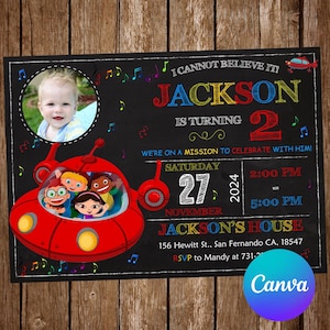 May include: A chalkboard style birthday invitation for a boy turning two. The invitation features a photo of the birthday boy, a rocket ship, and the text "I cannot believe it! Jackson is turning 2. We're on a mission to celebrate with him! Saturday, November 27, 2024, 2:00 PM - 5:00 PM, Jackson's House, 156 Hewitt St., San Fernando CA, 18547, RSVP to Mandy at 731-2."