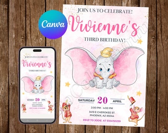 Dumbo Invitation Birthday Party Dumbo Birthday Invitation Circus Invitation Dumbo Watercolor Editable Invitation Digital Card Baby Shower