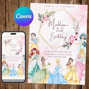 Princess Invitation Birthday Party Belle Birthday Invitation Ariel Watercolor Jasmine Editable Invitation Cinderella Tiana Snow White