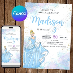 Convite de aniversário da princesa Cinderela, convite de aniversário da Cinderela, convite editável em aquarela, cartão digital