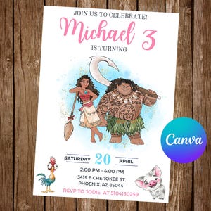 Moana Invitation Birthday Party Moana Birthday Invitation Moana Invite Moana Watercolor Editable Invitation Moana Digital Card