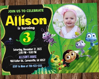 May include: A birthday party invitation featuring the text "Join us to Celebrate Allison is turning 3". The invitation includes a photo of a smiling child and cartoon bug characters. The date, time, and location are also listed.