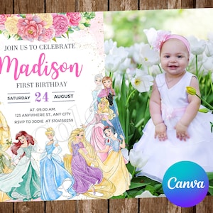 Princess Invitation Birthday Party Frozen Birthday Invitation Ariel Watercolor Jasmine Belle Editable Invitation Cinderella Rapunzel